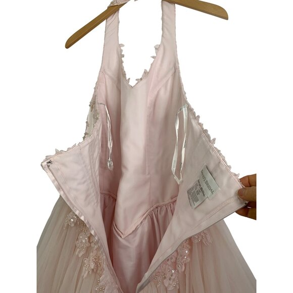 14W Davids Bridal Pink Halter Formal Gown Bead Floral Lace Tulle Dress 96280 - Picture 11 of 12